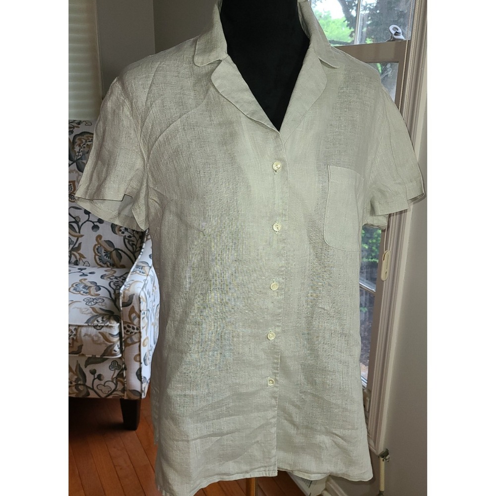 Brooks Brothers Shirt Womenls 14 Green 100% Linen Button Front Short Sleeve Top